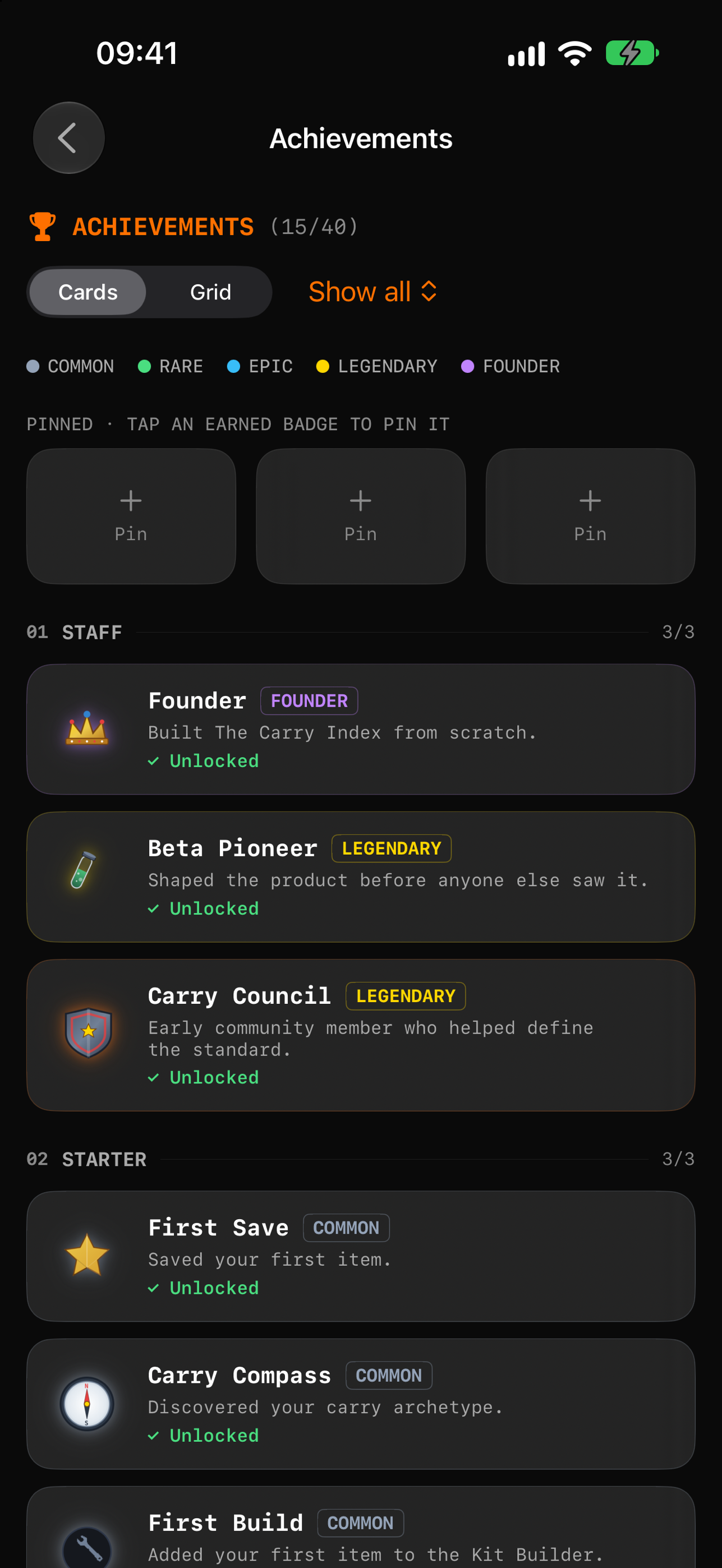 Carry Index Achievements & Progression Interface